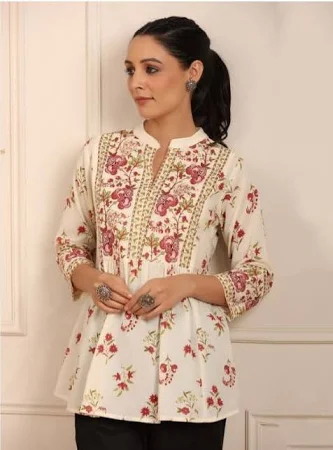 Women's Floral Printed Mandarin Collar Kurti